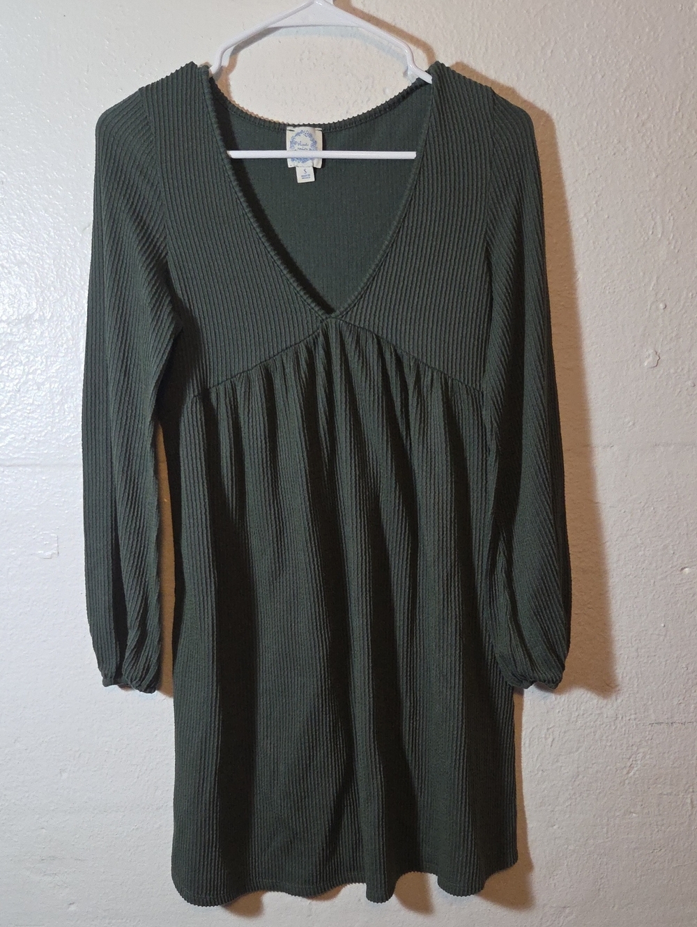 Blue Rain Green Ribbed V-Neck Long Sleeve Dress Size Small Stretch Fall